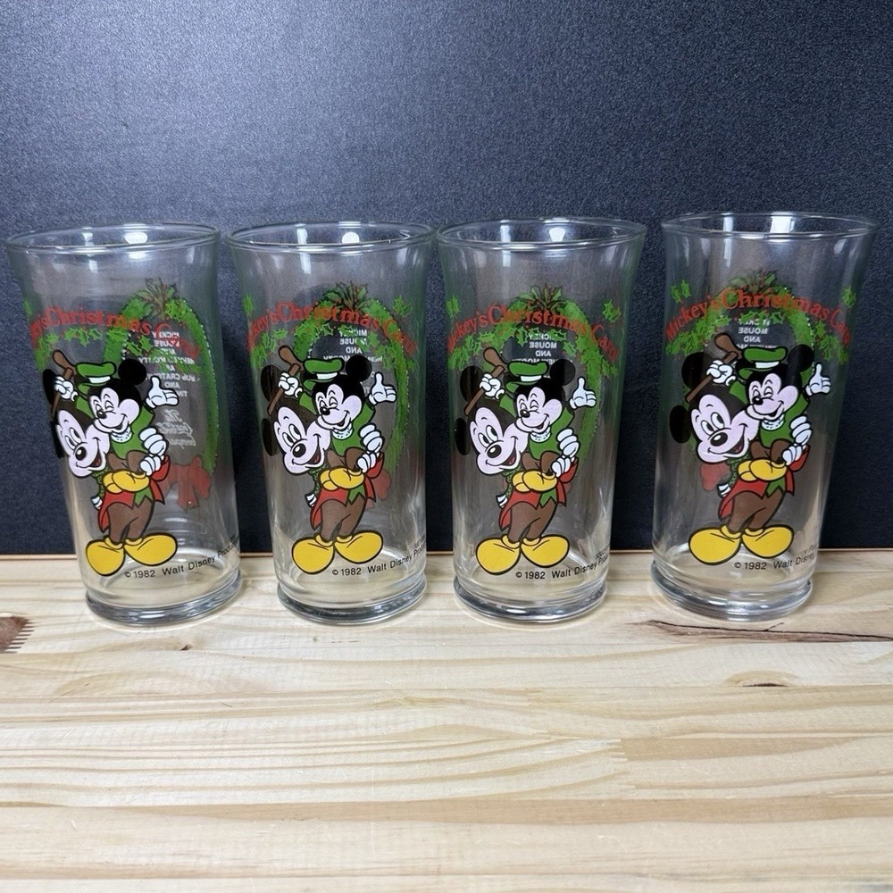 Coca Cola Disney Mickey's Christmas Carol 6" Glass Mickey Tiny Tim 1982 Lot Of 4